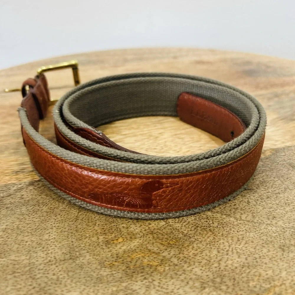Vintage L.L. Bean Mens Field Belt Canvas Leather Duck Stamped Brass Buckle